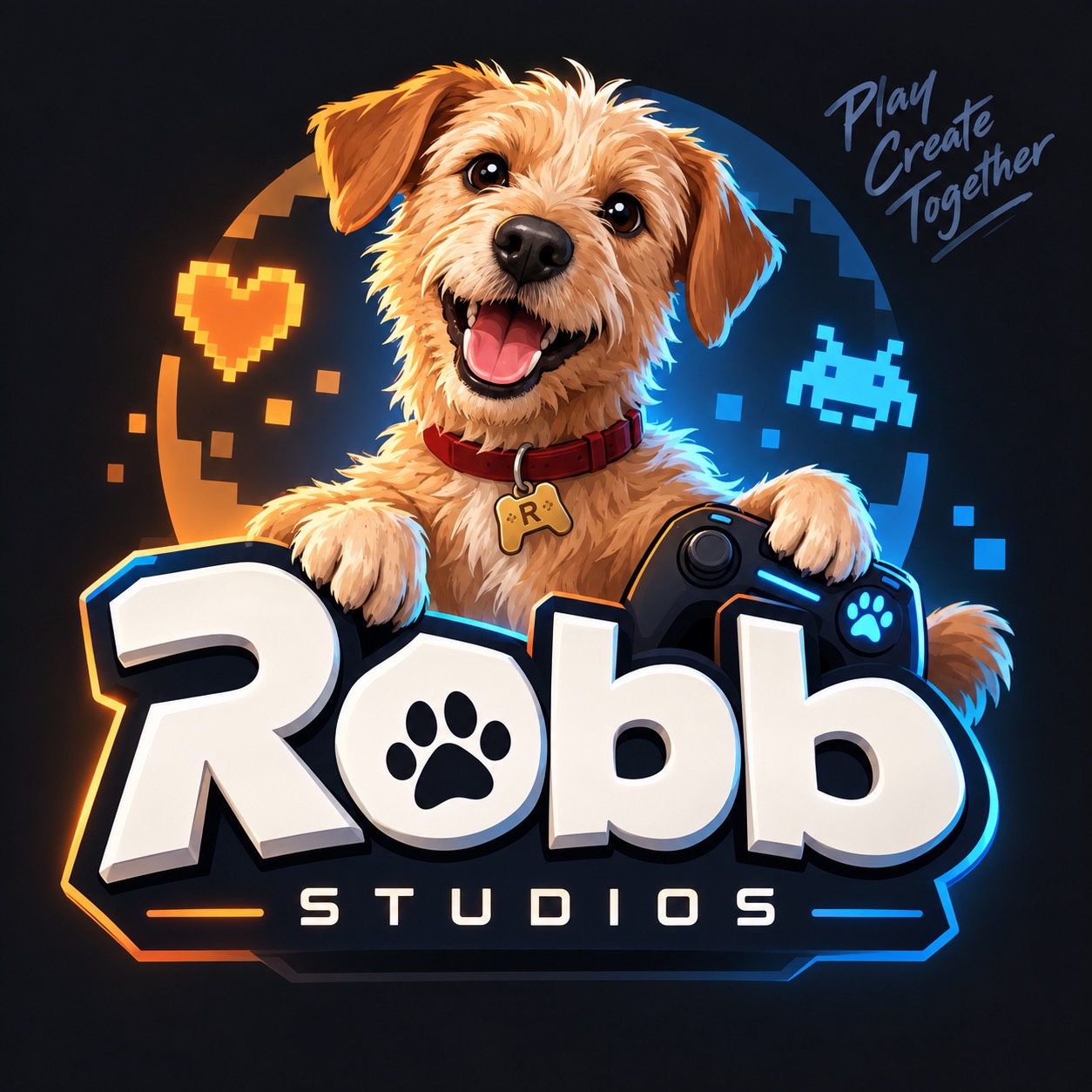Logo completo da Robb Studios com cachorro, controle e o lema Play Create Together
